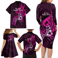 Polynesia Breast Cancer Awareness Family Matching Long Sleeve Bodycon Dress and Hawaiian Shirt Think Pink Polynesian Ribbon Black Version LT14 - Polynesian Pride