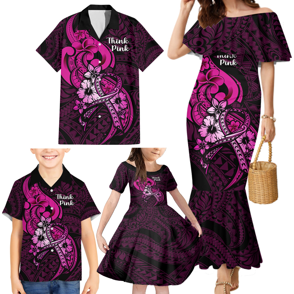 Polynesia Breast Cancer Awareness Family Matching Mermaid Dress and Hawaiian Shirt Think Pink Polynesian Ribbon Black Version LT14 - Polynesian Pride