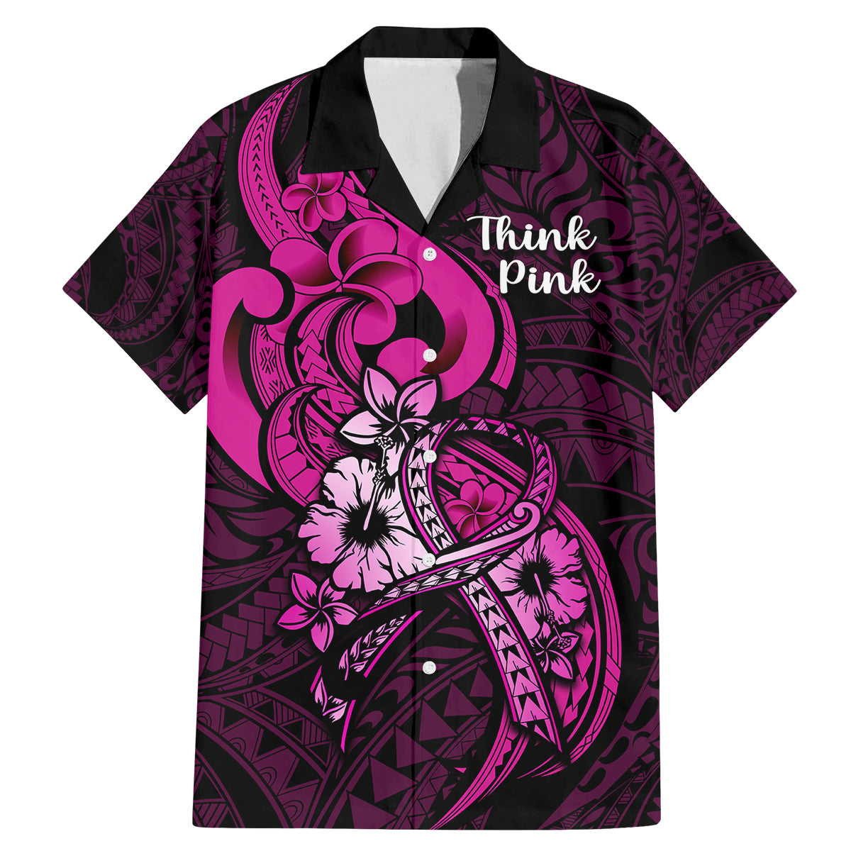 Polynesia Breast Cancer Awareness Family Matching Mermaid Dress and Hawaiian Shirt Think Pink Polynesian Ribbon Black Version LT14 Dad's Shirt - Short Sleeve Pink - Polynesian Pride