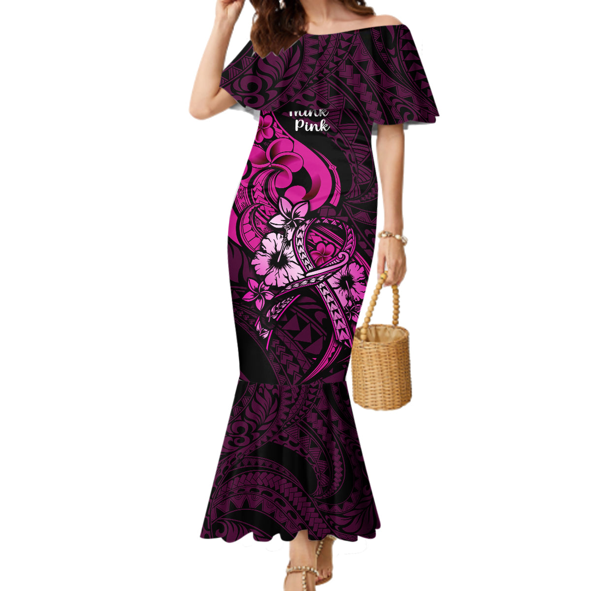 Polynesia Breast Cancer Awareness Family Matching Mermaid Dress and Hawaiian Shirt Think Pink Polynesian Ribbon Black Version LT14 Mom's Dress Pink - Polynesian Pride