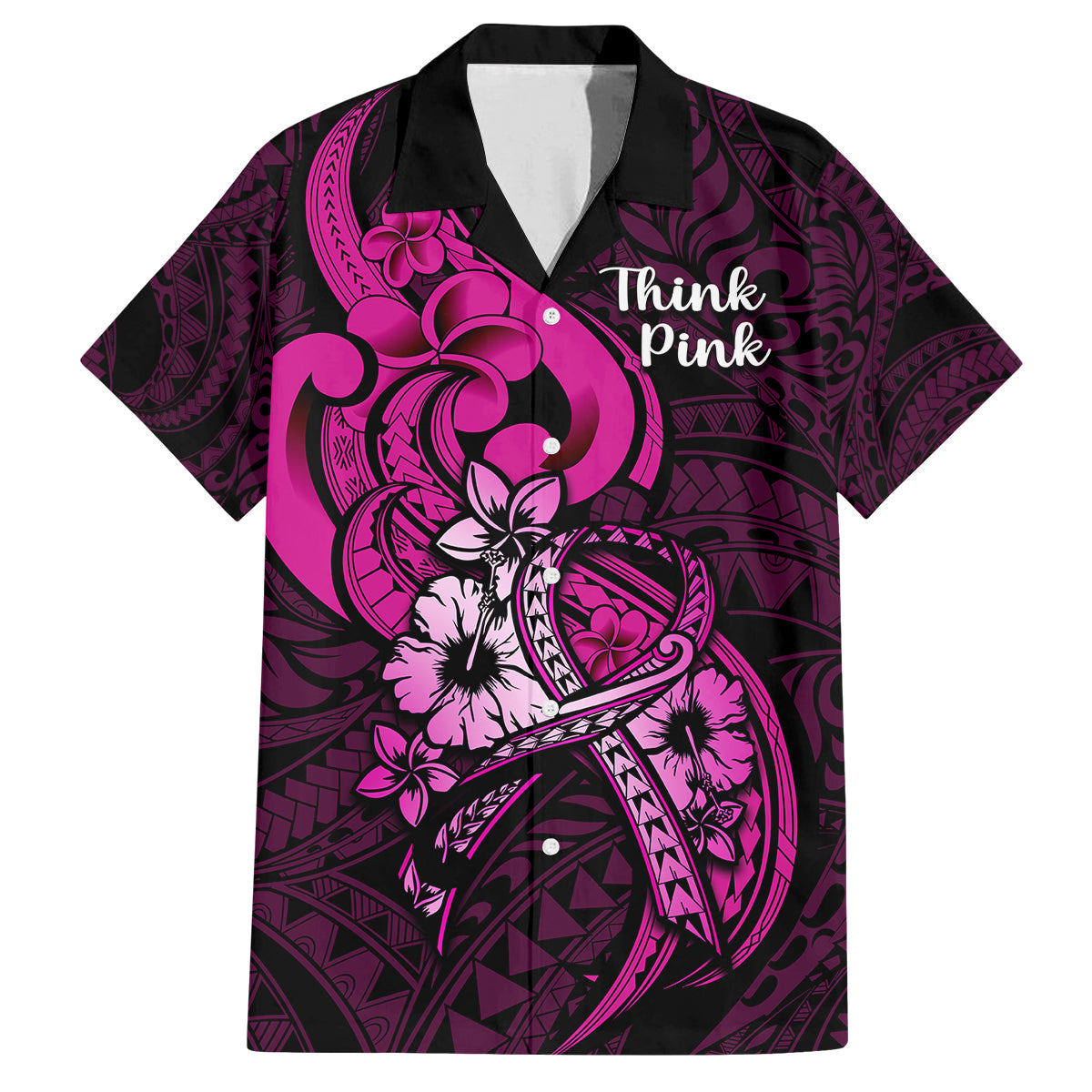 Polynesia Breast Cancer Awareness Family Matching Off Shoulder Maxi Dress and Hawaiian Shirt Think Pink Polynesian Ribbon Black Version LT14 Mom's Dress Pink - Polynesian Pride