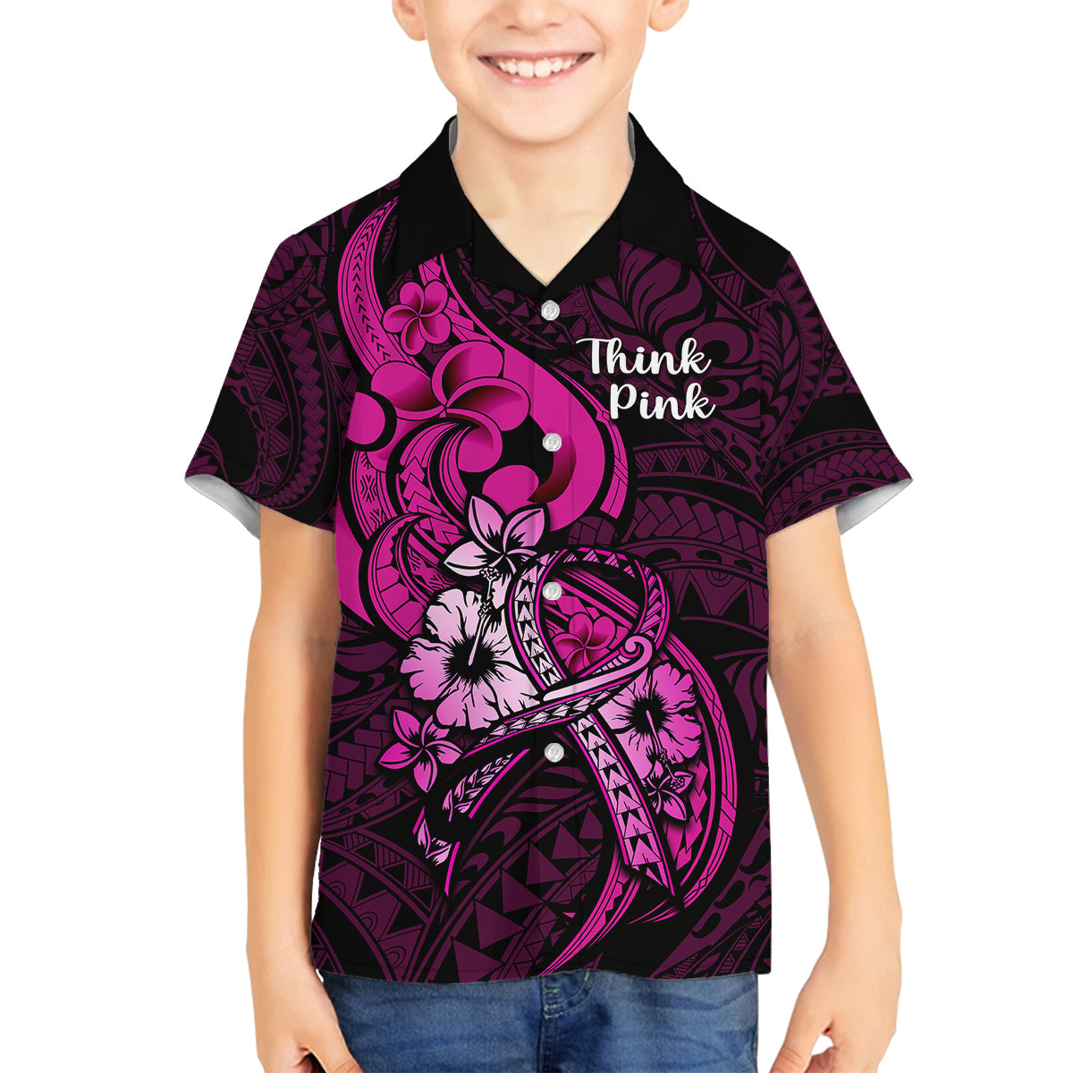 Polynesia Breast Cancer Awareness Family Matching Off Shoulder Maxi Dress and Hawaiian Shirt Think Pink Polynesian Ribbon Black Version LT14 Son's Shirt Pink - Polynesian Pride