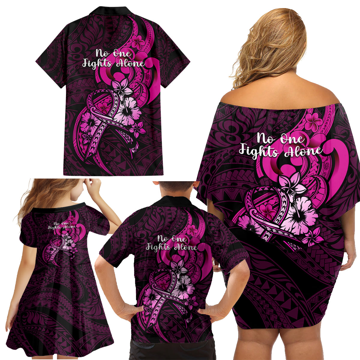 Polynesia Breast Cancer Awareness Family Matching Off Shoulder Short Dress and Hawaiian Shirt Think Pink Polynesian Ribbon Black Version LT14 - Polynesian Pride
