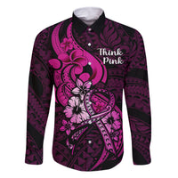 Polynesia Breast Cancer Awareness Family Matching Off Shoulder Short Dress and Hawaiian Shirt Think Pink Polynesian Ribbon Black Version LT14 Dad's Shirt - Long Sleeve Pink - Polynesian Pride