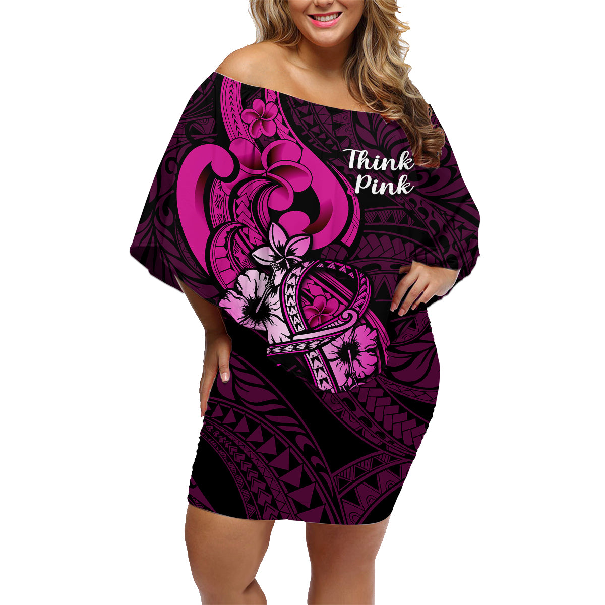 Polynesia Breast Cancer Awareness Family Matching Off Shoulder Short Dress and Hawaiian Shirt Think Pink Polynesian Ribbon Black Version LT14 Mom's Dress Pink - Polynesian Pride