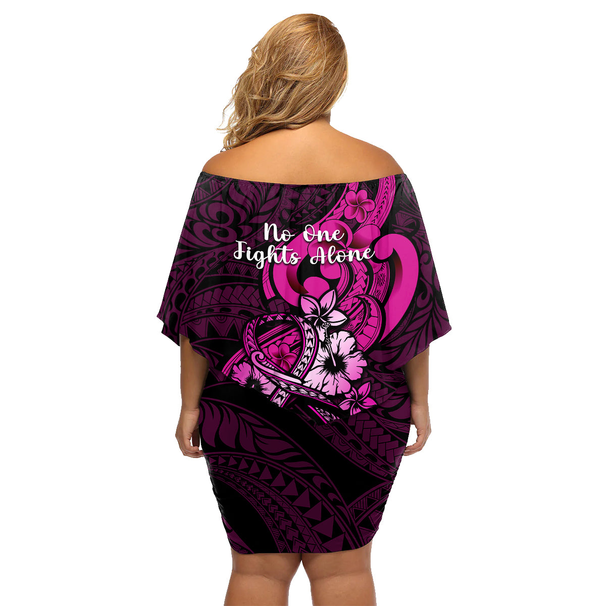 Polynesia Breast Cancer Awareness Family Matching Off Shoulder Short Dress and Hawaiian Shirt Think Pink Polynesian Ribbon Black Version LT14 - Polynesian Pride