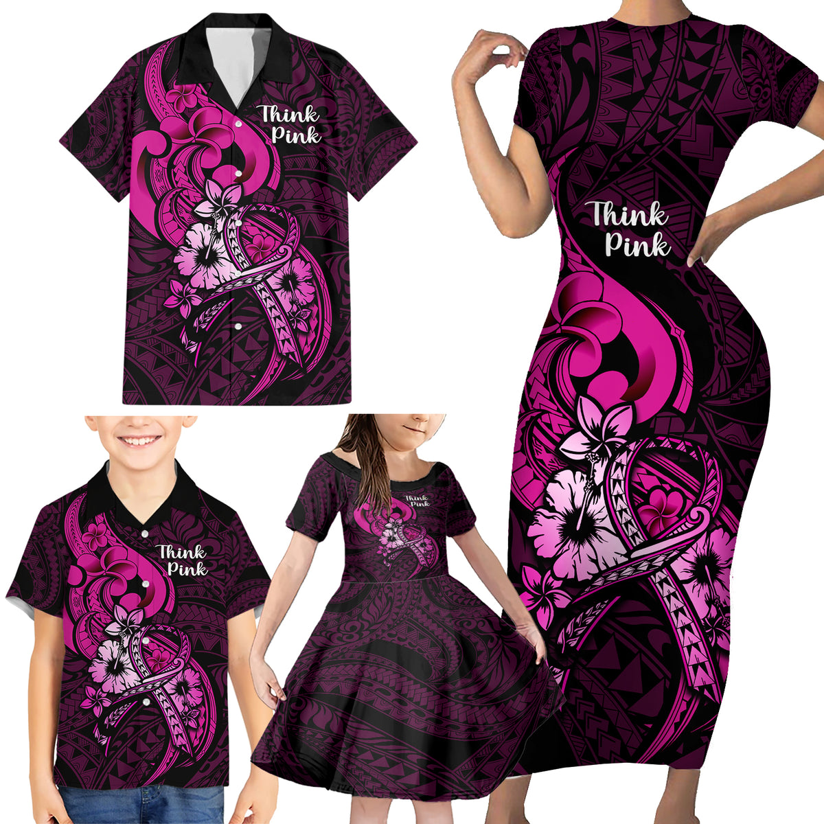 Polynesia Breast Cancer Awareness Family Matching Short Sleeve Bodycon Dress and Hawaiian Shirt Think Pink Polynesian Ribbon Black Version LT14 - Polynesian Pride