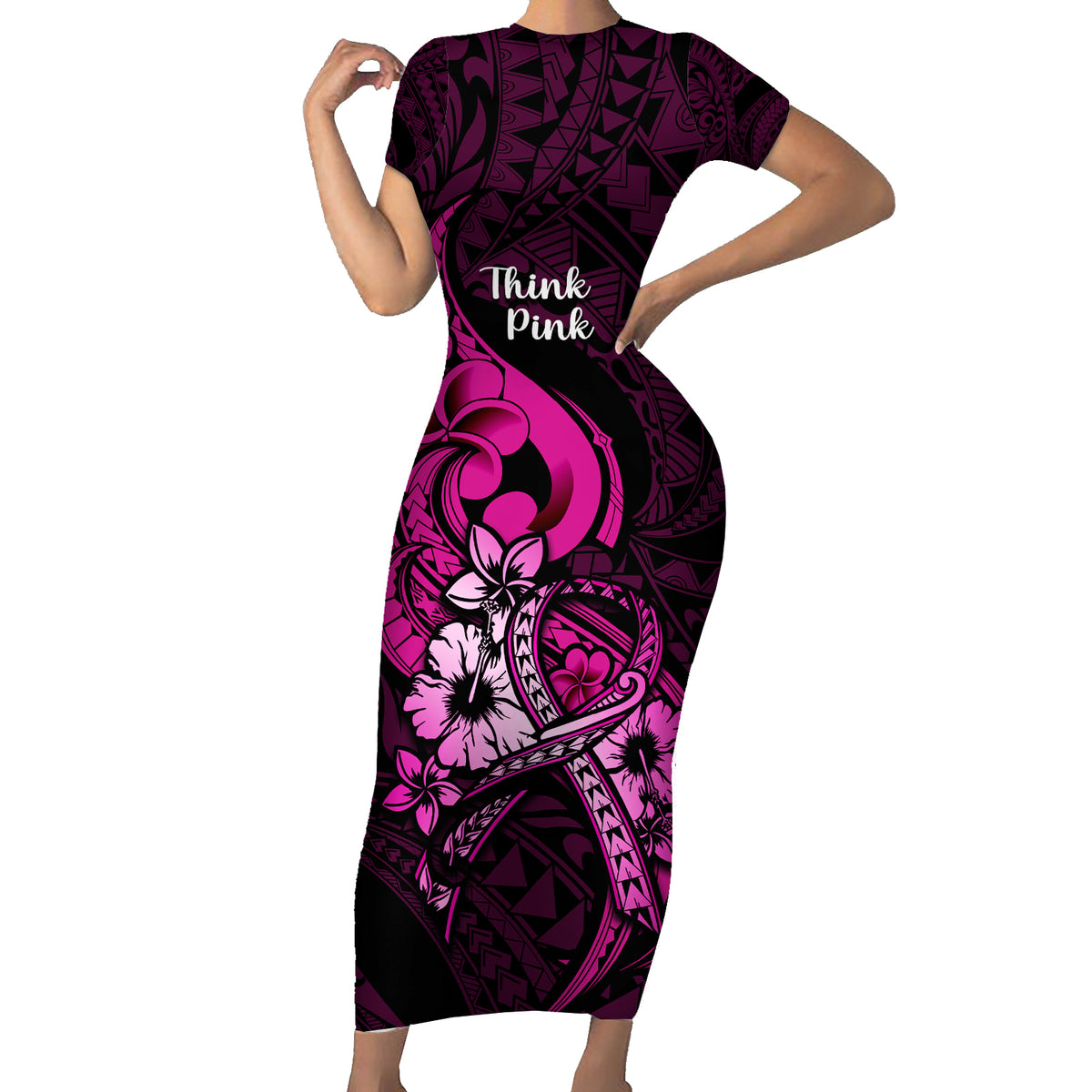 Polynesia Breast Cancer Awareness Family Matching Short Sleeve Bodycon Dress and Hawaiian Shirt Think Pink Polynesian Ribbon Black Version LT14 Mom's Dress Pink - Polynesian Pride