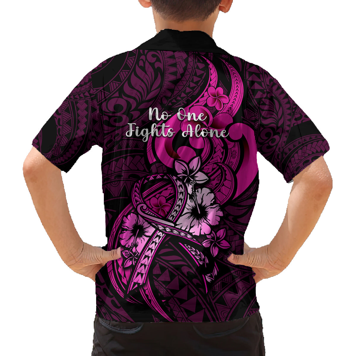 Polynesia Breast Cancer Awareness Family Matching Summer Maxi Dress and Hawaiian Shirt Think Pink Polynesian Ribbon Black Version LT14 - Polynesian Pride