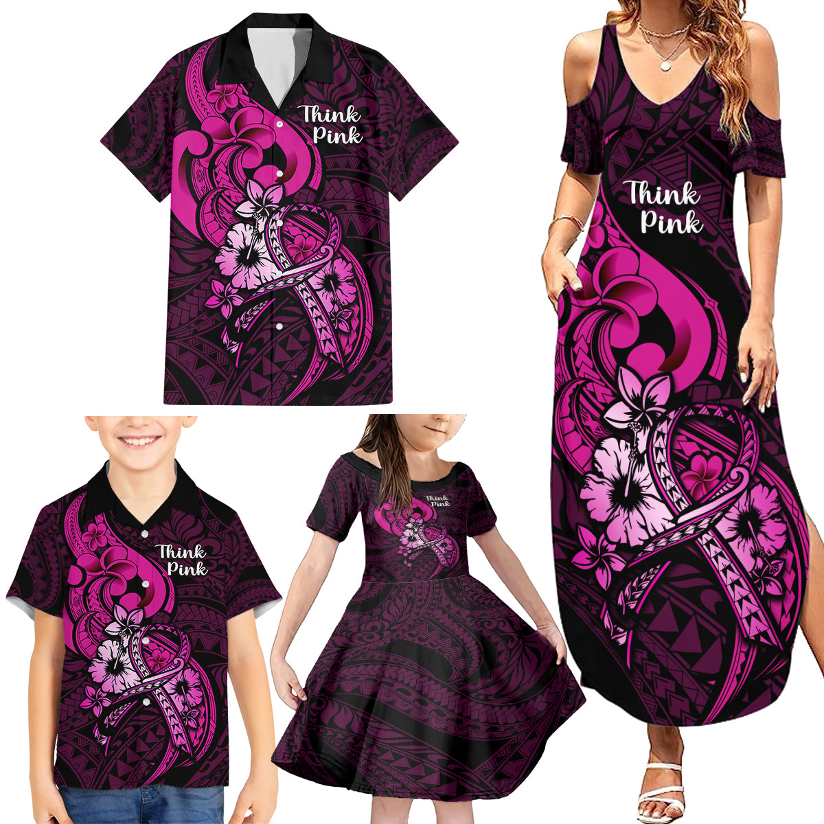 Polynesia Breast Cancer Awareness Family Matching Summer Maxi Dress and Hawaiian Shirt Think Pink Polynesian Ribbon Black Version LT14 - Polynesian Pride