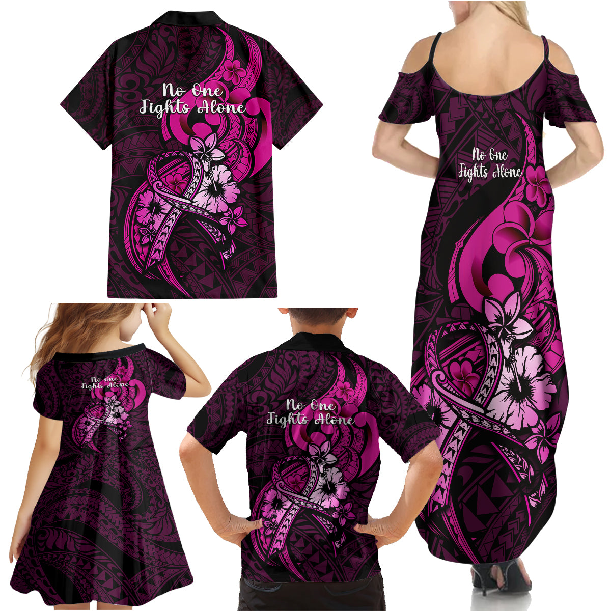 Polynesia Breast Cancer Awareness Family Matching Summer Maxi Dress and Hawaiian Shirt Think Pink Polynesian Ribbon Black Version LT14 - Polynesian Pride