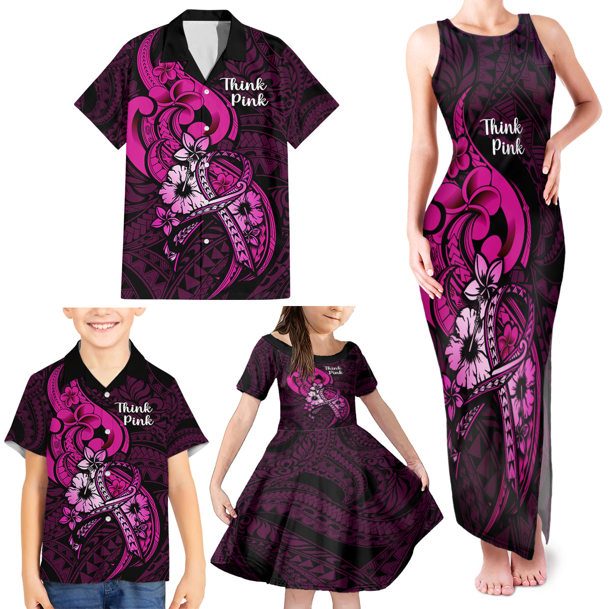 Polynesia Breast Cancer Awareness Family Matching Tank Maxi Dress and Hawaiian Shirt Think Pink Polynesian Ribbon Black Version LT14 - Polynesian Pride