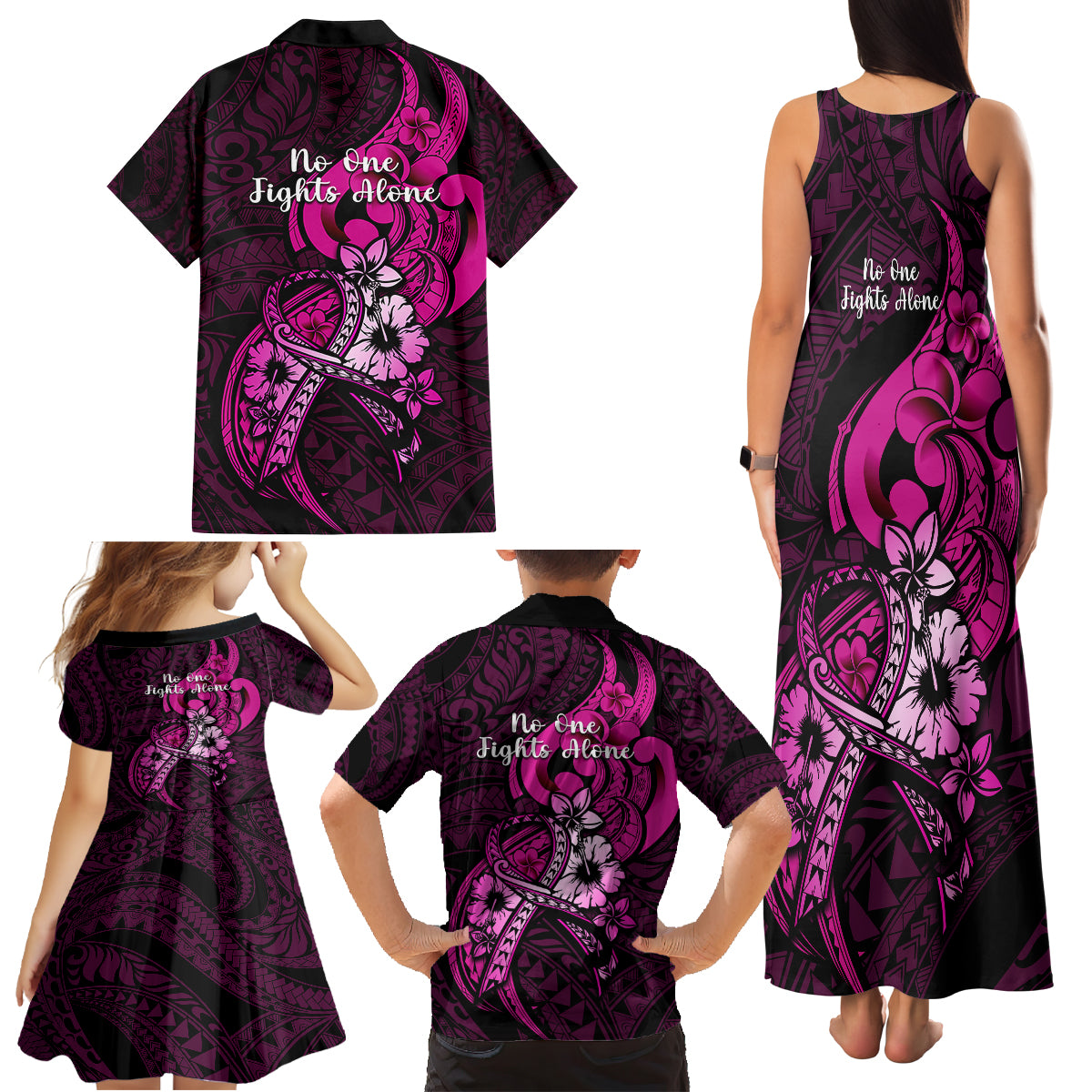 Polynesia Breast Cancer Awareness Family Matching Tank Maxi Dress and Hawaiian Shirt Think Pink Polynesian Ribbon Black Version LT14 - Polynesian Pride