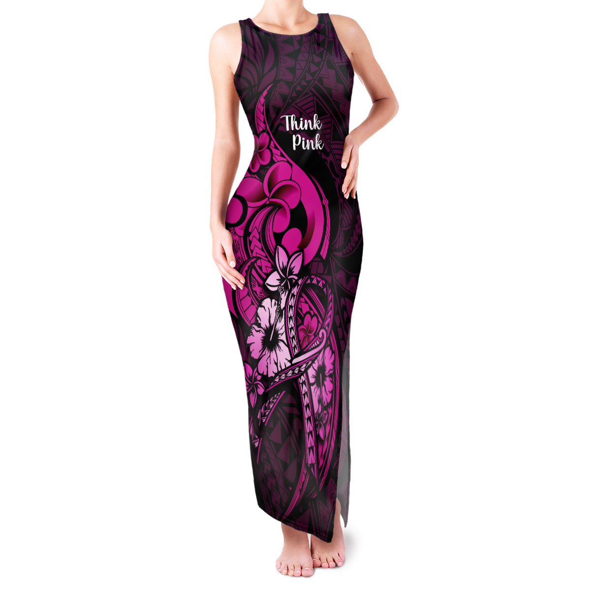 Polynesia Breast Cancer Awareness Family Matching Tank Maxi Dress and Hawaiian Shirt Think Pink Polynesian Ribbon Black Version LT14 Mom's Dress Pink - Polynesian Pride