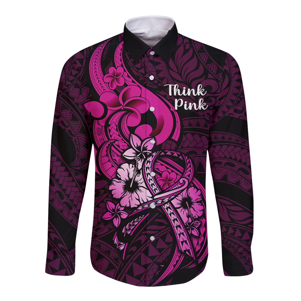 Polynesia Breast Cancer Awareness Long Sleeve Button Shirt Think Pink Polynesian Ribbon Black Version LT14 Unisex Pink - Polynesian Pride
