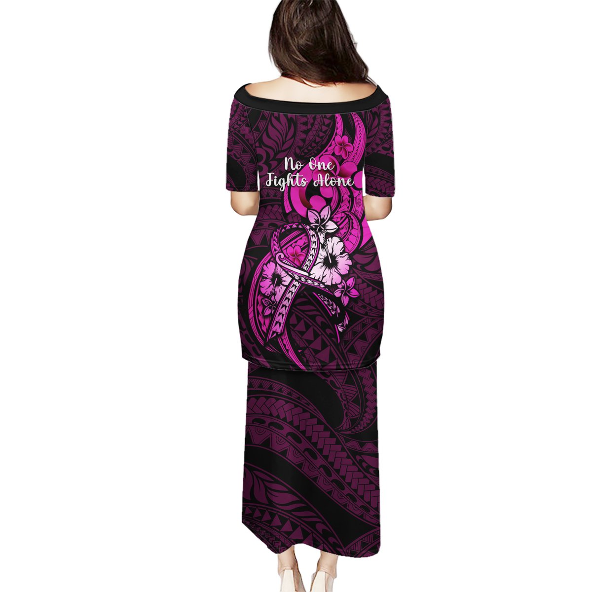Polynesia Breast Cancer Awareness Puletasi Think Pink Polynesian Ribbon Black Version LT14 - Polynesian Pride