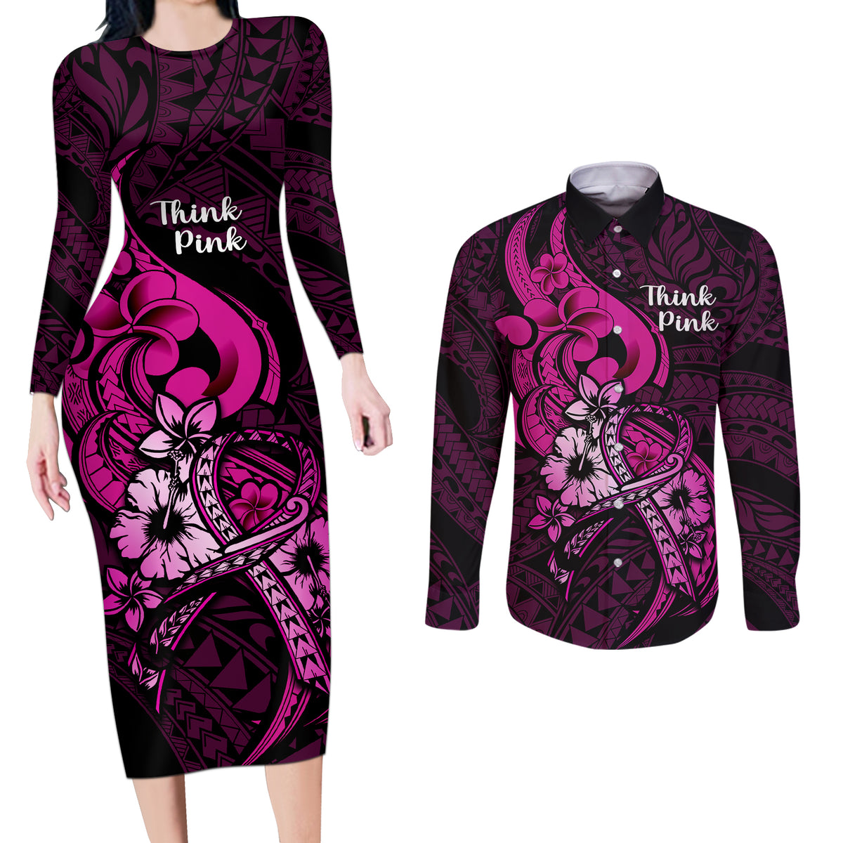 Personalised Polynesia Breast Cancer Awareness Couples Matching Long Sleeve Bodycon Dress and Long Sleeve Button Shirts Think Pink Polynesian Ribbon Black Version LT14 Pink - Polynesian Pride