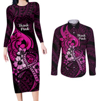 Personalised Polynesia Breast Cancer Awareness Couples Matching Long Sleeve Bodycon Dress and Long Sleeve Button Shirts Think Pink Polynesian Ribbon Black Version LT14 Pink - Polynesian Pride
