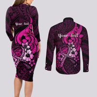 Personalised Polynesia Breast Cancer Awareness Couples Matching Long Sleeve Bodycon Dress and Long Sleeve Button Shirts Think Pink Polynesian Ribbon Black Version LT14 - Polynesian Pride