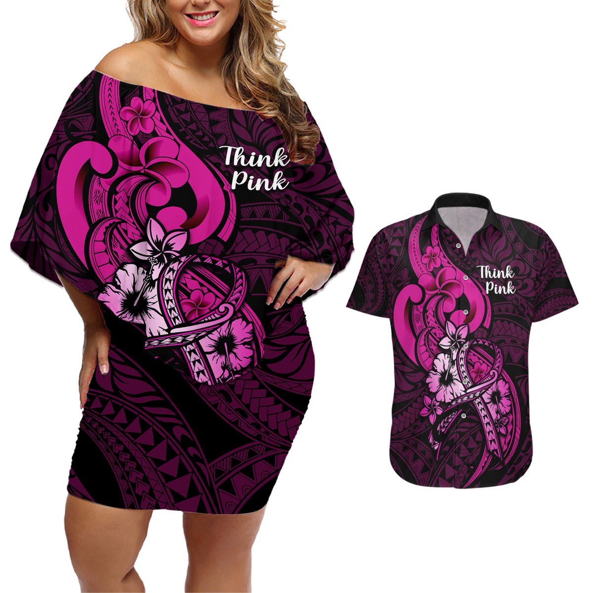 Personalised Polynesia Breast Cancer Awareness Couples Matching Off Shoulder Short Dress and Hawaiian Shirt Think Pink Polynesian Ribbon Black Version LT14 Pink - Polynesian Pride