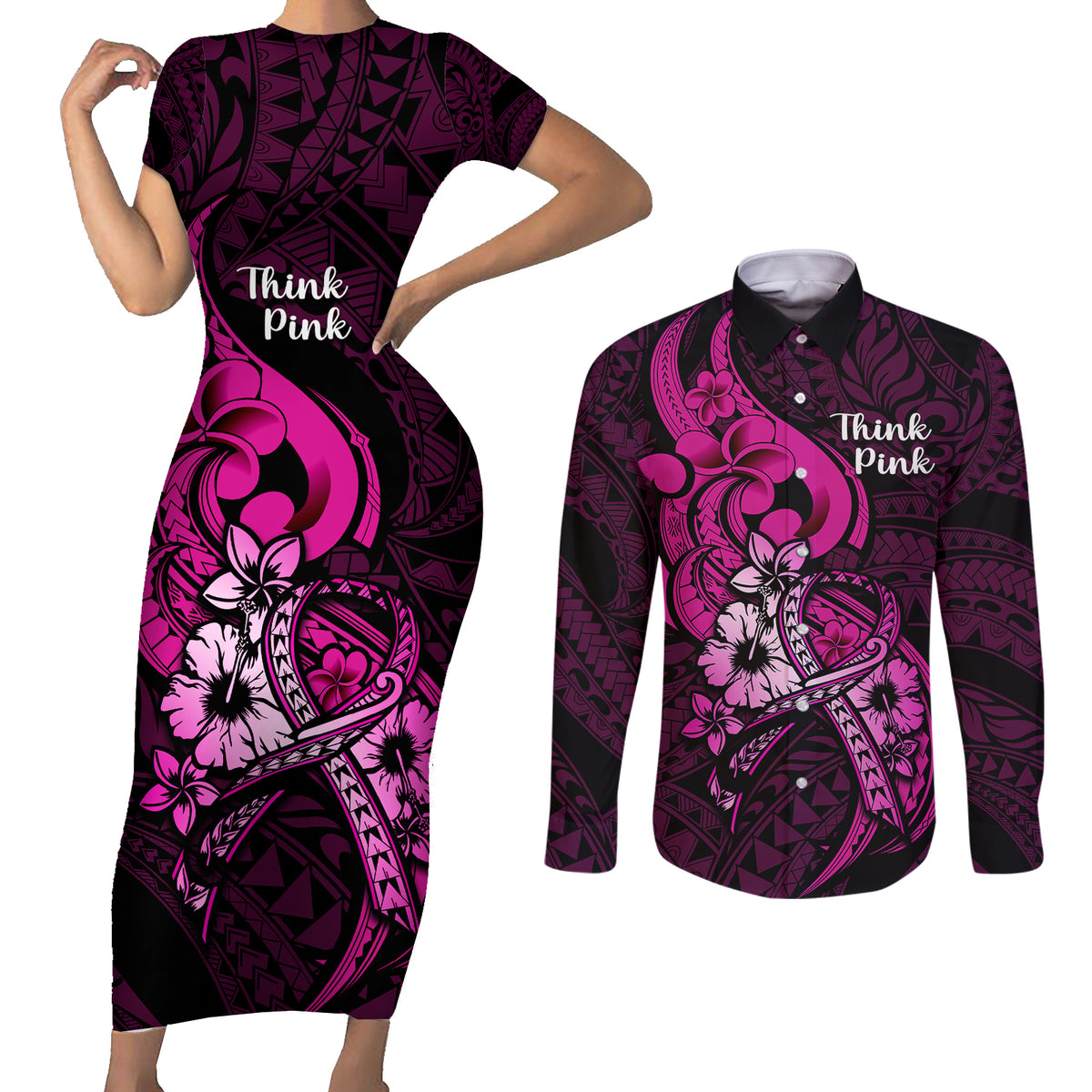 Personalised Polynesia Breast Cancer Awareness Couples Matching Short Sleeve Bodycon Dress and Long Sleeve Button Shirts Think Pink Polynesian Ribbon Black Version LT14 Pink - Polynesian Pride