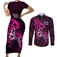 Personalised Polynesia Breast Cancer Awareness Couples Matching Short Sleeve Bodycon Dress and Long Sleeve Button Shirts Think Pink Polynesian Ribbon Black Version LT14 Pink - Polynesian Pride