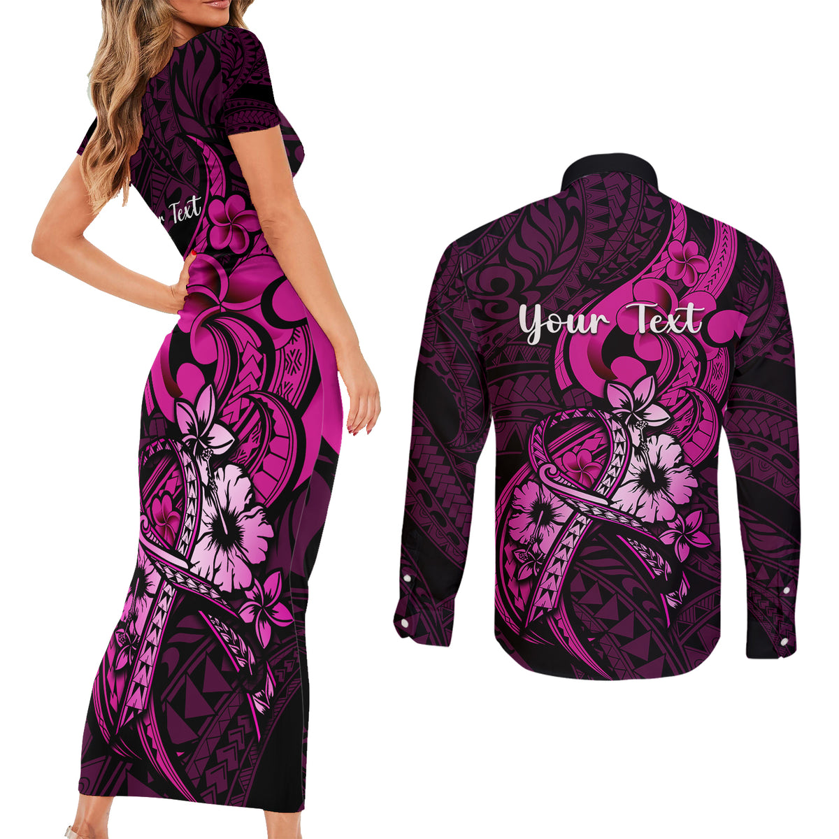 Personalised Polynesia Breast Cancer Awareness Couples Matching Short Sleeve Bodycon Dress and Long Sleeve Button Shirts Think Pink Polynesian Ribbon Black Version LT14 - Polynesian Pride