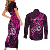 Personalised Polynesia Breast Cancer Awareness Couples Matching Short Sleeve Bodycon Dress and Long Sleeve Button Shirts Think Pink Polynesian Ribbon Black Version LT14 - Polynesian Pride
