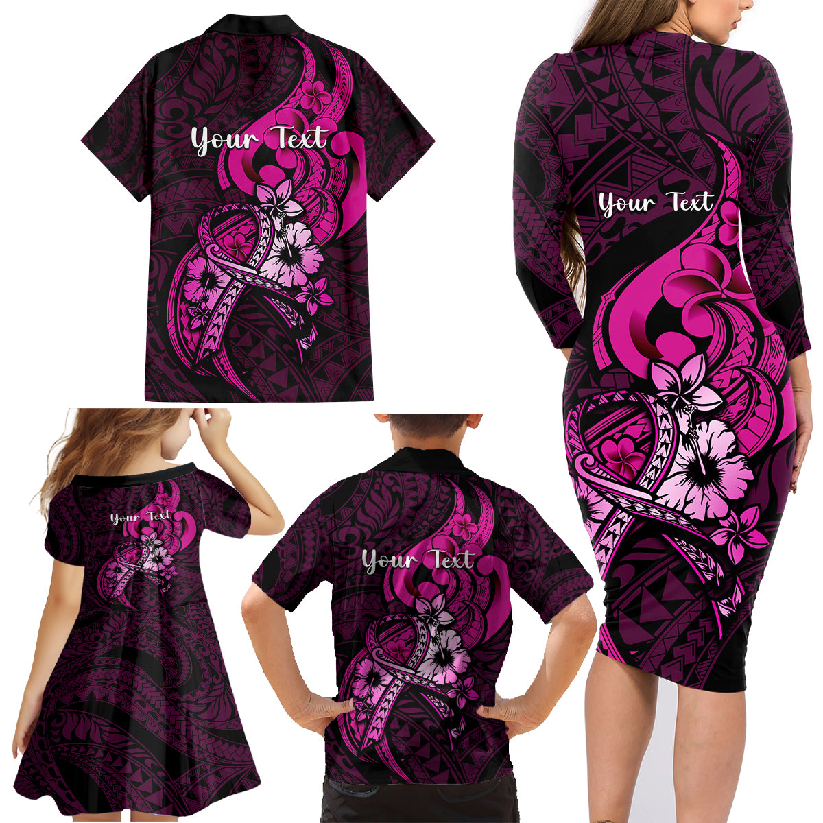 Personalised Polynesia Breast Cancer Awareness Family Matching Long Sleeve Bodycon Dress and Hawaiian Shirt Think Pink Polynesian Ribbon Black Version LT14 - Polynesian Pride