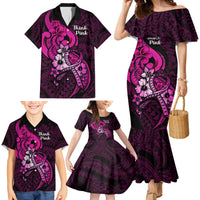 Personalised Polynesia Breast Cancer Awareness Family Matching Mermaid Dress and Hawaiian Shirt Think Pink Polynesian Ribbon Black Version LT14 - Polynesian Pride