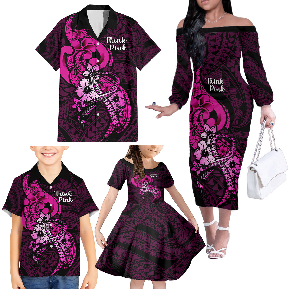 Personalised Polynesia Breast Cancer Awareness Family Matching Off Shoulder Long Sleeve Dress and Hawaiian Shirt Think Pink Polynesian Ribbon Black Version LT14 - Polynesian Pride