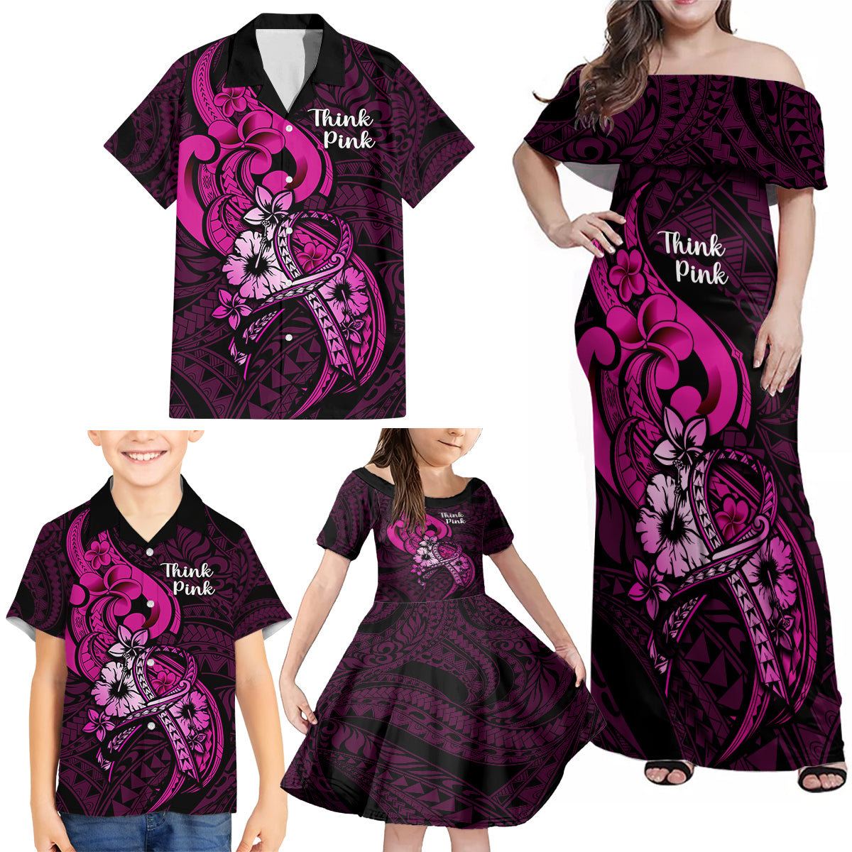 Personalised Polynesia Breast Cancer Awareness Family Matching Off Shoulder Maxi Dress and Hawaiian Shirt Think Pink Polynesian Ribbon Black Version LT14 - Polynesian Pride