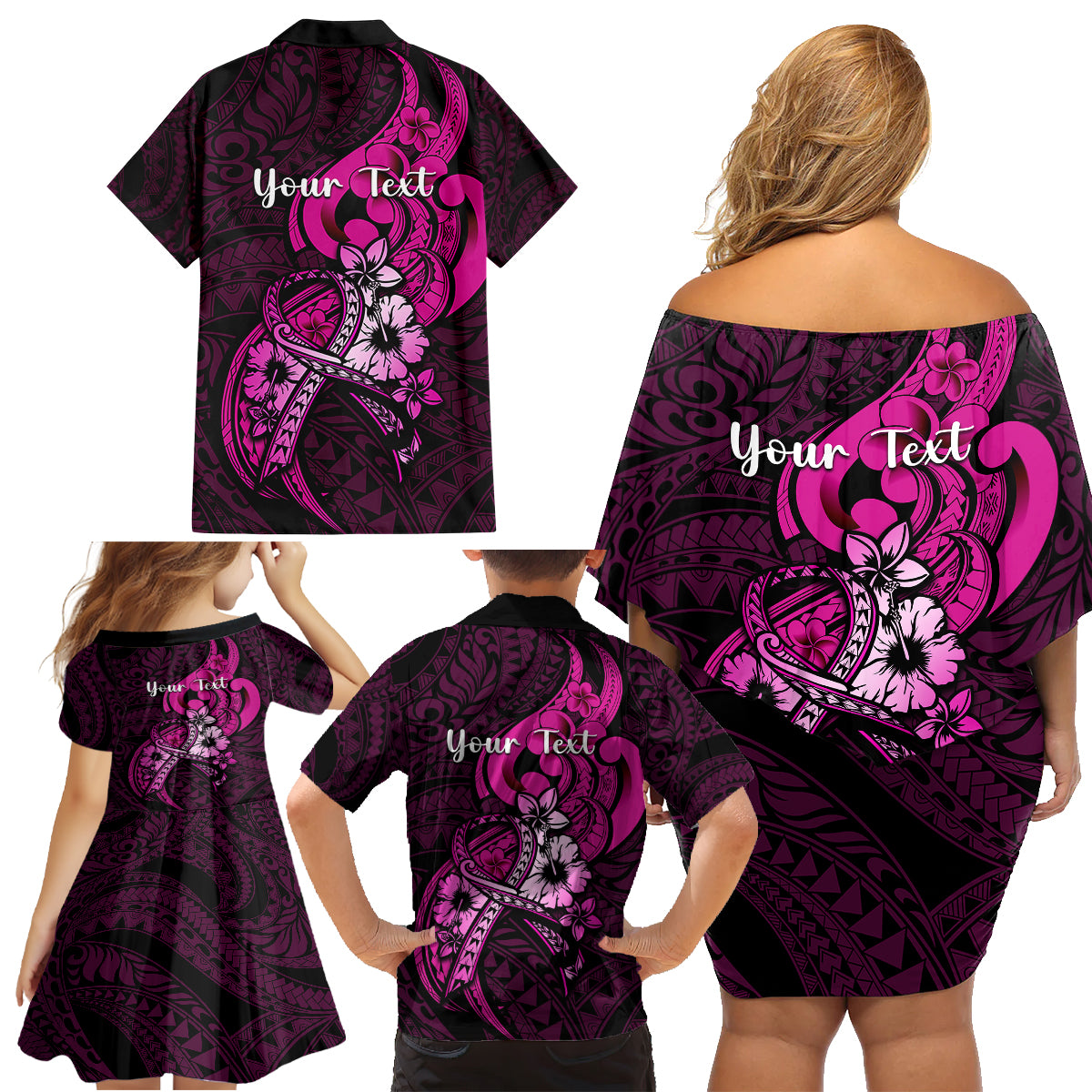 Personalised Polynesia Breast Cancer Awareness Family Matching Off Shoulder Short Dress and Hawaiian Shirt Think Pink Polynesian Ribbon Black Version LT14 - Polynesian Pride