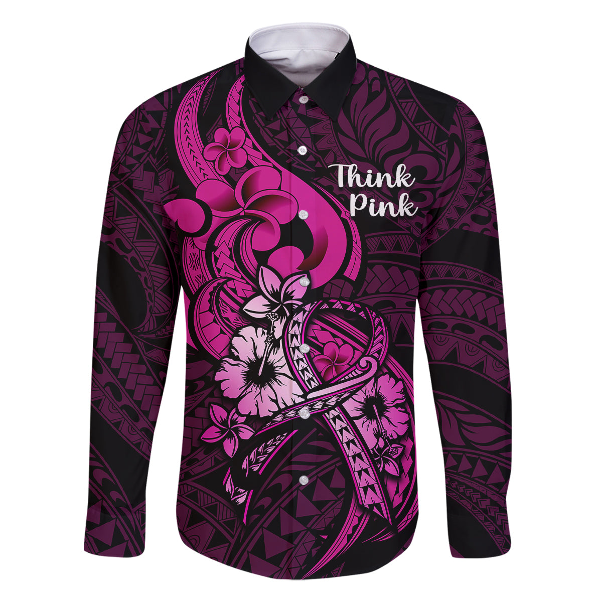 Personalised Polynesia Breast Cancer Awareness Family Matching Off Shoulder Short Dress and Hawaiian Shirt Think Pink Polynesian Ribbon Black Version LT14 Dad's Shirt - Long Sleeve Pink - Polynesian Pride
