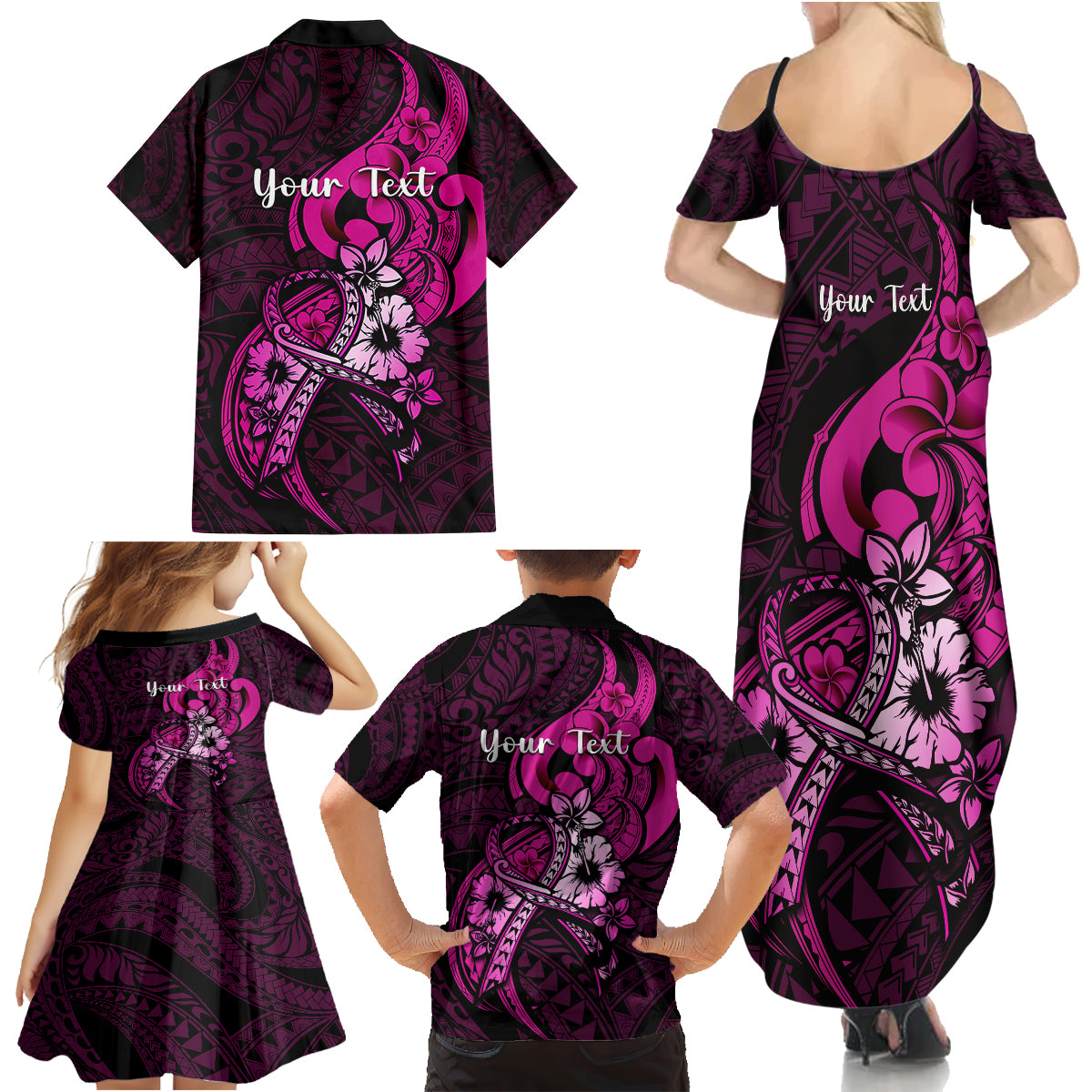 Personalised Polynesia Breast Cancer Awareness Family Matching Summer Maxi Dress and Hawaiian Shirt Think Pink Polynesian Ribbon Black Version LT14 - Polynesian Pride