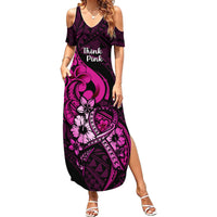 Personalised Polynesia Breast Cancer Awareness Family Matching Summer Maxi Dress and Hawaiian Shirt Think Pink Polynesian Ribbon Black Version LT14 Mom's Dress Pink - Polynesian Pride