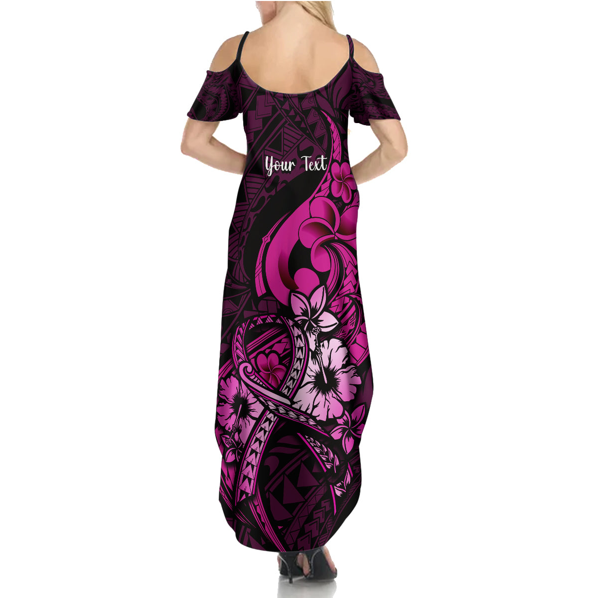 Personalised Polynesia Breast Cancer Awareness Family Matching Summer Maxi Dress and Hawaiian Shirt Think Pink Polynesian Ribbon Black Version LT14 - Polynesian Pride