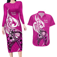 Polynesia Breast Cancer Awareness Couples Matching Long Sleeve Bodycon Dress and Hawaiian Shirt Think Pink Polynesian Ribbon White Version LT14 Pink - Polynesian Pride
