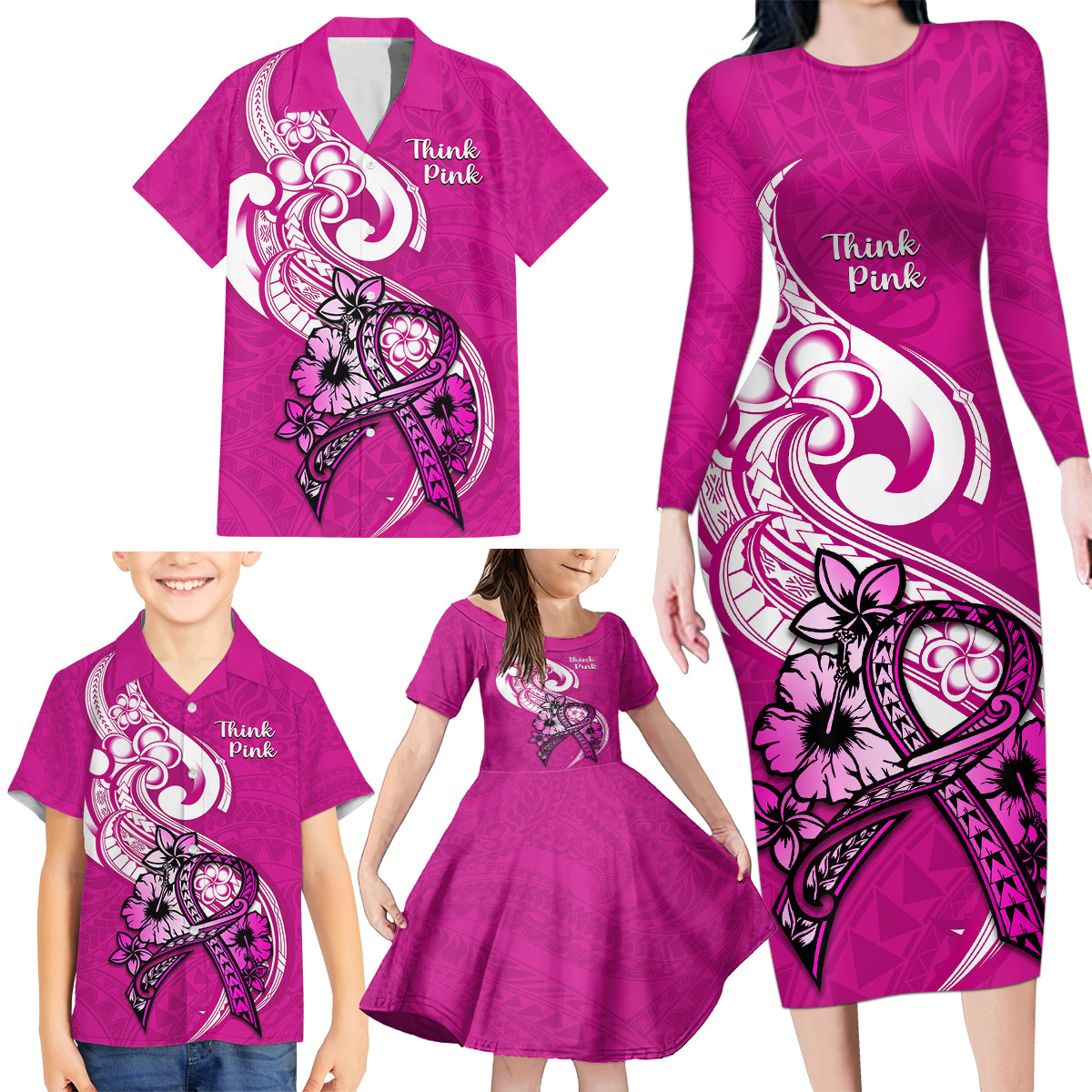 Polynesia Breast Cancer Awareness Family Matching Long Sleeve Bodycon Dress and Hawaiian Shirt Think Pink Polynesian Ribbon White Version LT14 - Polynesian Pride