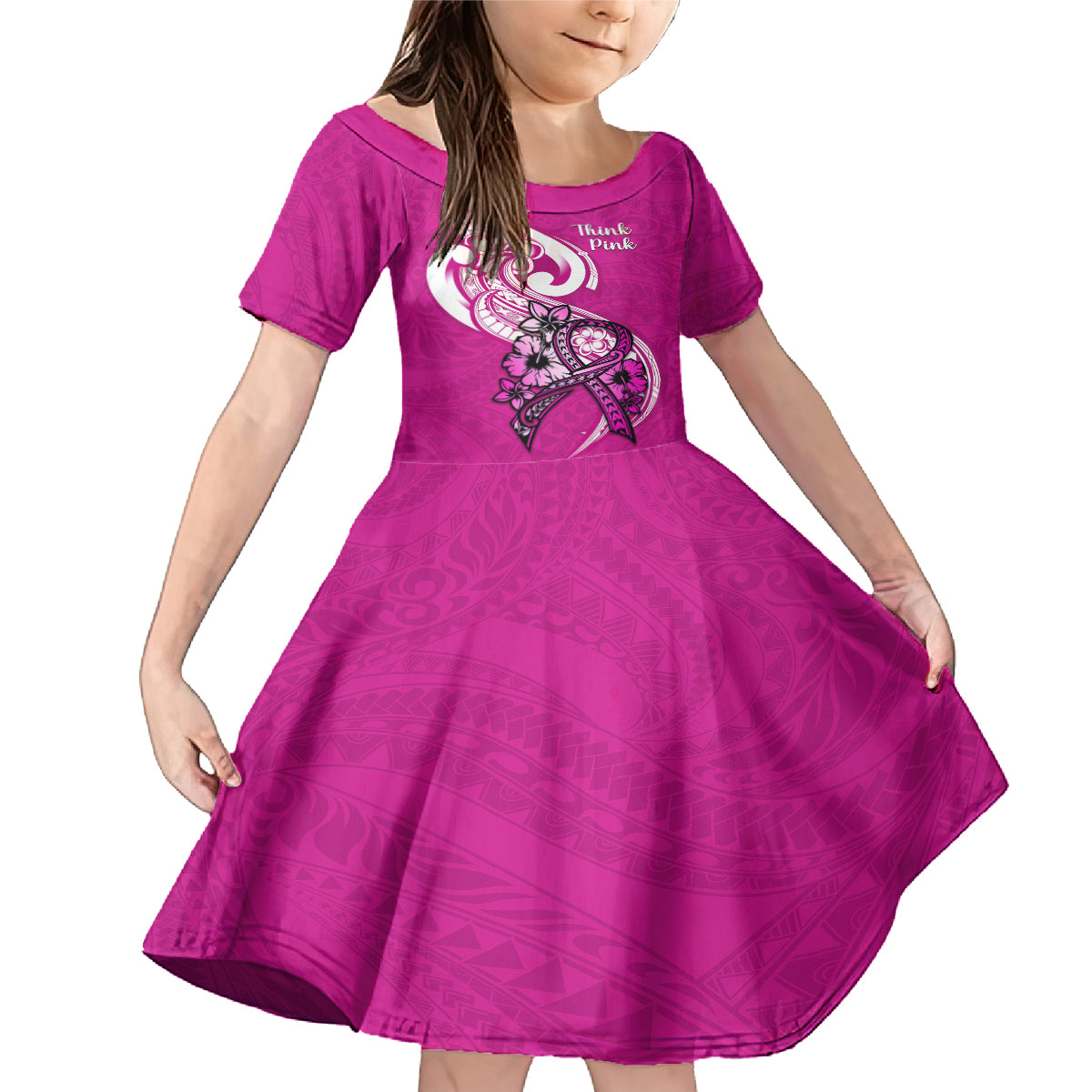 Polynesia Breast Cancer Awareness Family Matching Mermaid Dress and Hawaiian Shirt Think Pink Polynesian Ribbon White Version LT14 Daughter's Dress Pink - Polynesian Pride