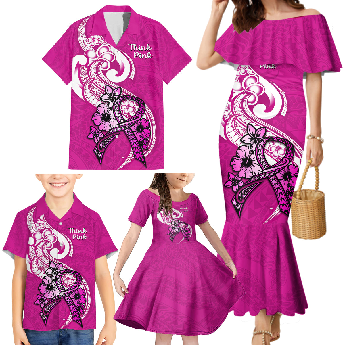 Polynesia Breast Cancer Awareness Family Matching Mermaid Dress and Hawaiian Shirt Think Pink Polynesian Ribbon White Version LT14 - Polynesian Pride