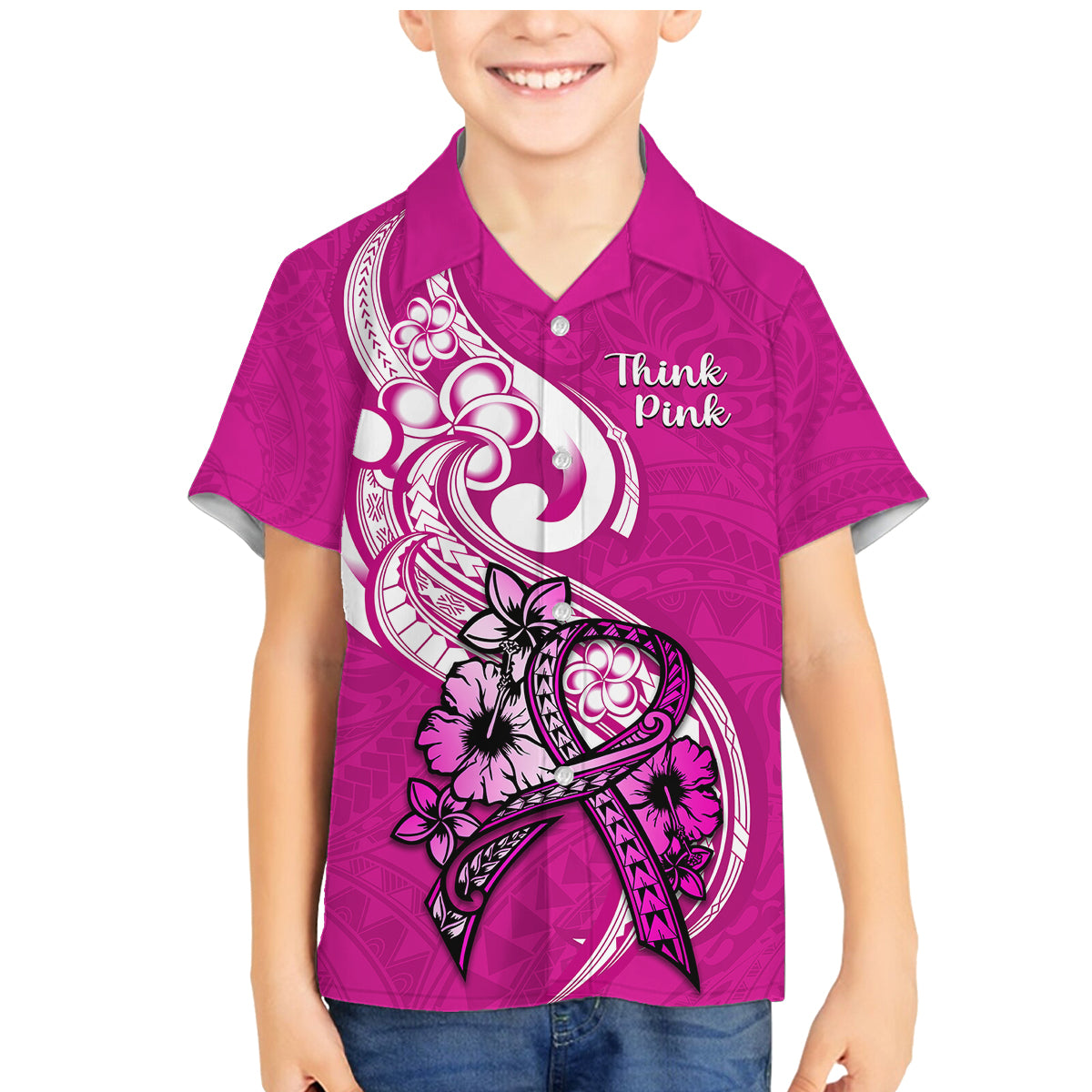 Polynesia Breast Cancer Awareness Family Matching Mermaid Dress and Hawaiian Shirt Think Pink Polynesian Ribbon White Version LT14 Son's Shirt Pink - Polynesian Pride