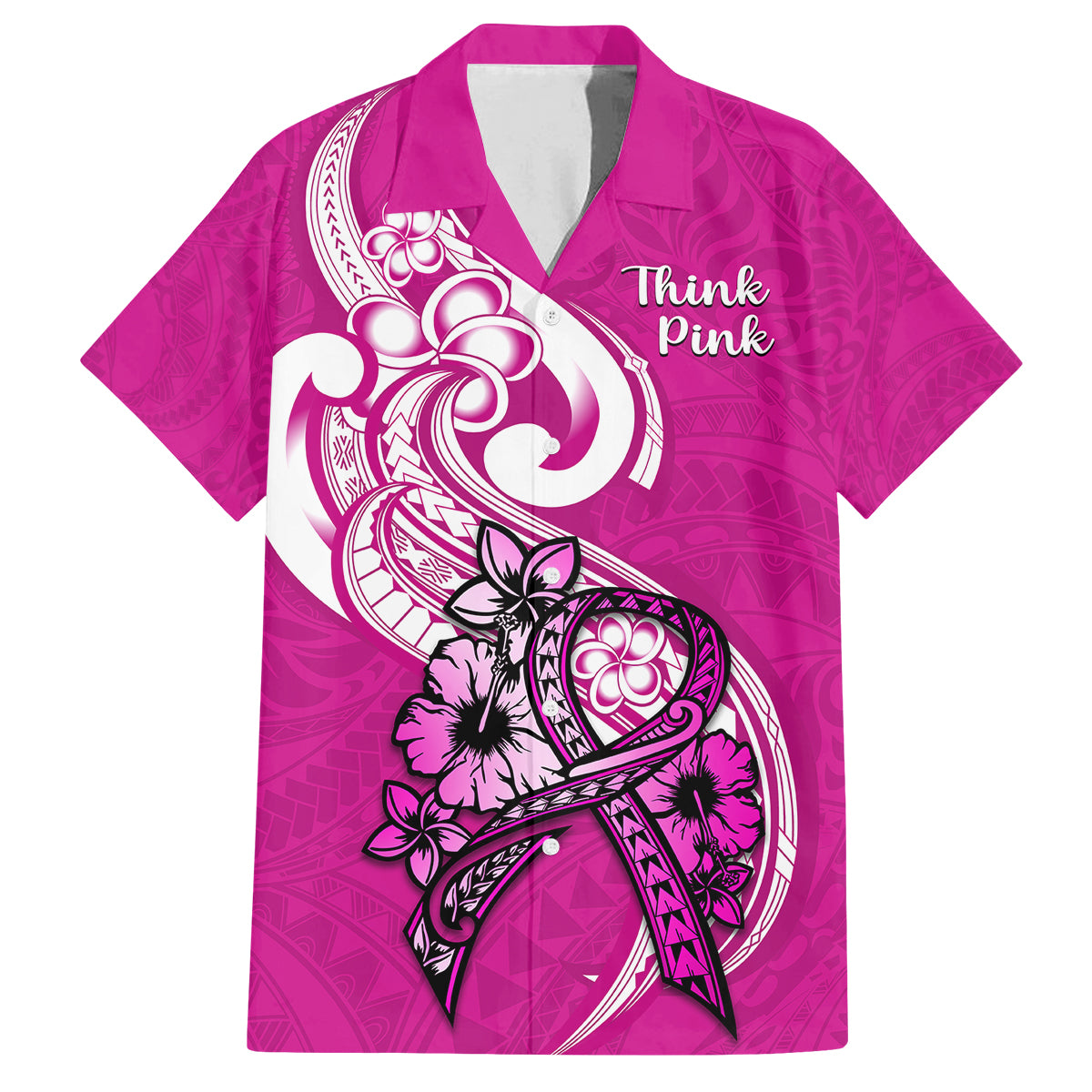 Polynesia Breast Cancer Awareness Family Matching Off Shoulder Maxi Dress and Hawaiian Shirt Think Pink Polynesian Ribbon White Version LT14 Mom's Dress Pink - Polynesian Pride