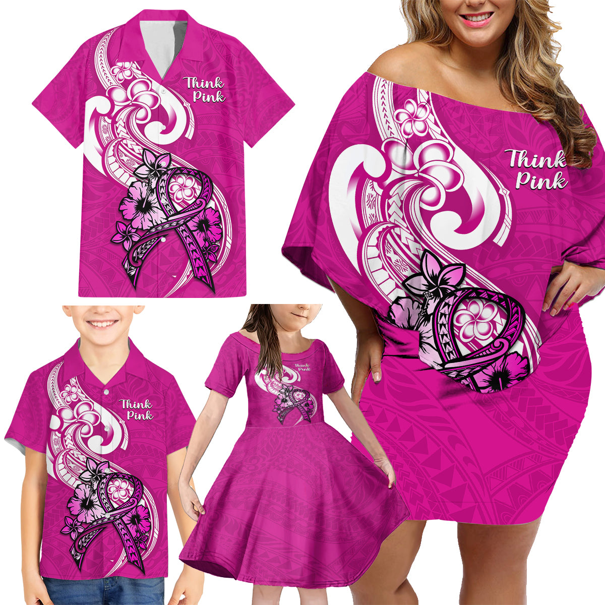 Polynesia Breast Cancer Awareness Family Matching Off Shoulder Short Dress and Hawaiian Shirt Think Pink Polynesian Ribbon White Version LT14 - Polynesian Pride