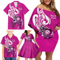 Polynesia Breast Cancer Awareness Family Matching Off Shoulder Short Dress and Hawaiian Shirt Think Pink Polynesian Ribbon White Version LT14 - Polynesian Pride