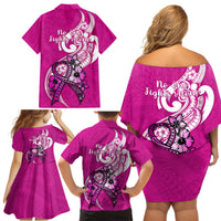 Polynesia Breast Cancer Awareness Family Matching Off Shoulder Short Dress and Hawaiian Shirt Think Pink Polynesian Ribbon White Version LT14 - Polynesian Pride