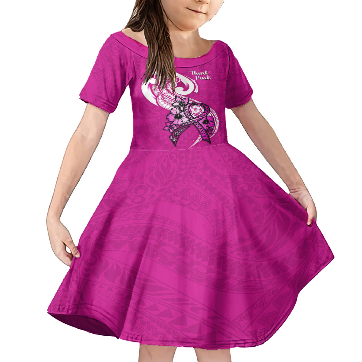 Polynesia Breast Cancer Awareness Family Matching Summer Maxi Dress and Hawaiian Shirt Think Pink Polynesian Ribbon White Version LT14 Daughter's Dress Pink - Polynesian Pride