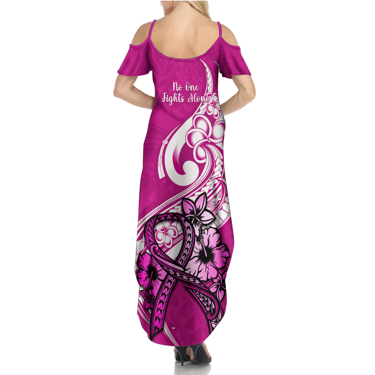 Polynesia Breast Cancer Awareness Family Matching Summer Maxi Dress and Hawaiian Shirt Think Pink Polynesian Ribbon White Version LT14 - Polynesian Pride