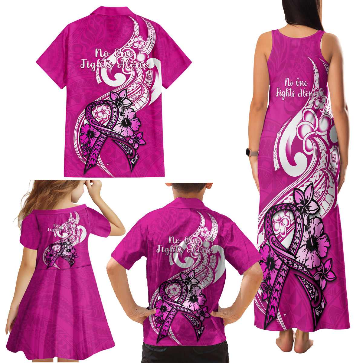 Polynesia Breast Cancer Awareness Family Matching Tank Maxi Dress and Hawaiian Shirt Think Pink Polynesian Ribbon White Version LT14 - Polynesian Pride