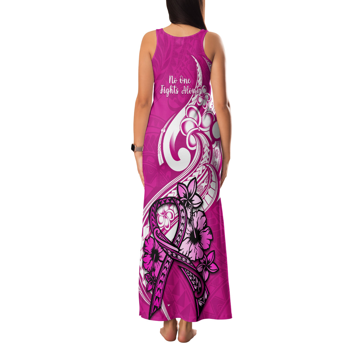 Polynesia Breast Cancer Awareness Family Matching Tank Maxi Dress and Hawaiian Shirt Think Pink Polynesian Ribbon White Version LT14 - Polynesian Pride
